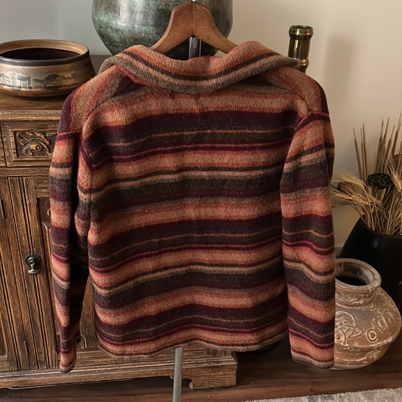 VINTAGE Autumnal Burgundy Orange Lambswool Striped Cardigan - Picture 2 of 8